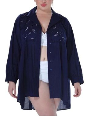 Raviya Navy Eyelet Flowy Button Shirt